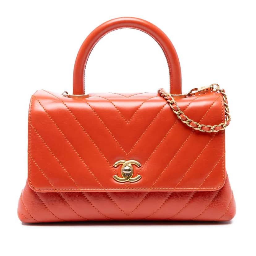 Chanel Mini Chevron Lambskin Coco Top Handle Bag Orange Leather Good condition - Front View