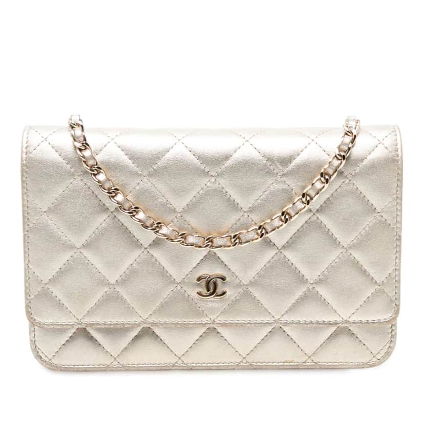 Chanel CC Quilted Metallic Lambskin Wallet on Chain Gold Leather Good condition - Front View