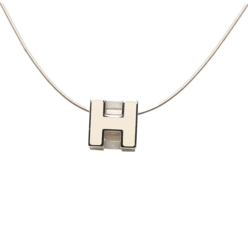 Hermès Palladium Plated Enamel Cage dH Cube Necklace White Good condition - Front View