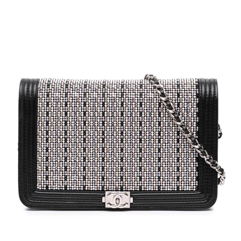 Chanel Lambskin Crystal Studded Boy Wallet on Chain Black Leather Good condition - Front View