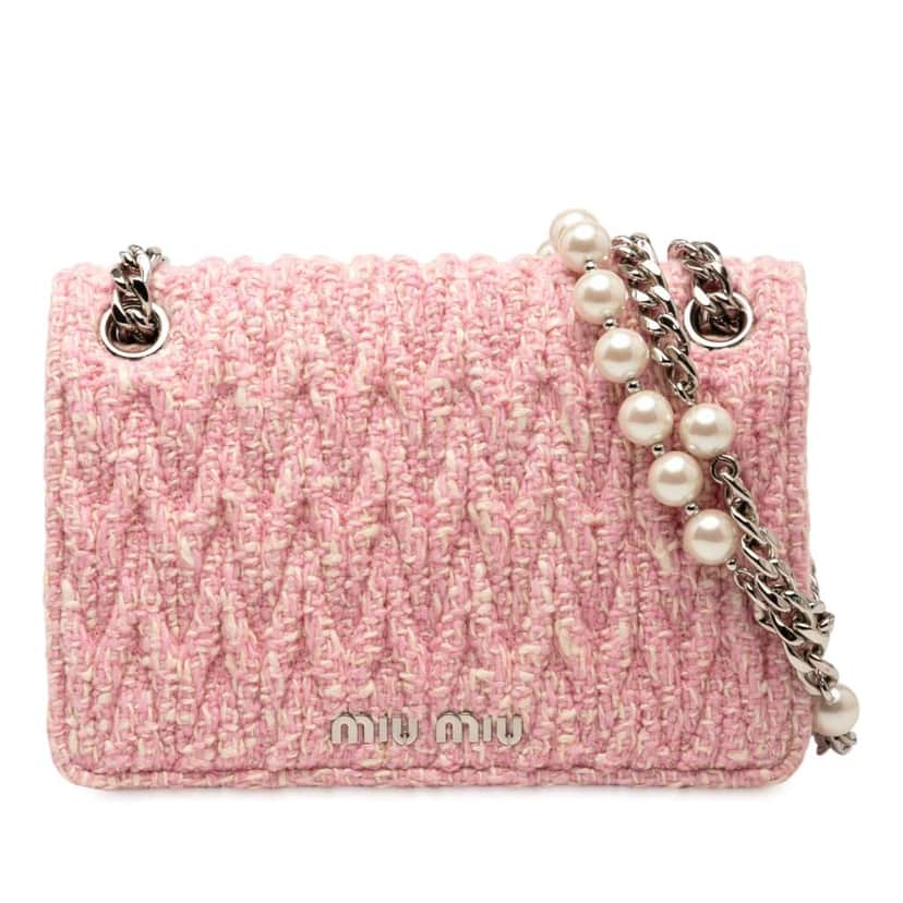 Miu Miu Matelasse Tweed Faux Pearl Chain Shoulder Bag Pink Tweed Good condition - Front View