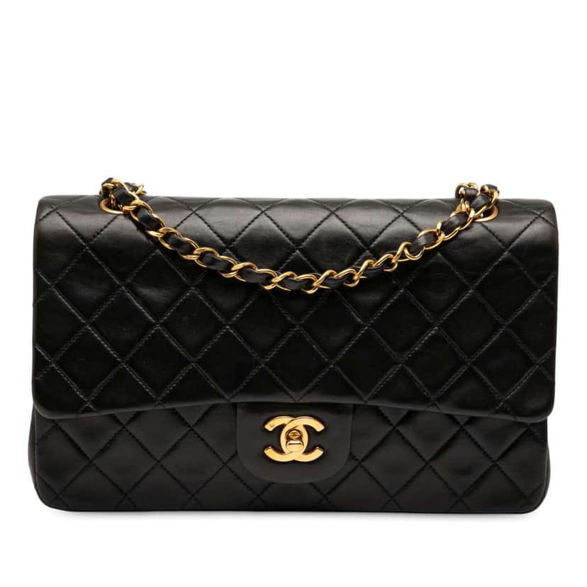 Chanel Medium Classic Lambskin Double Flap Black Leather Good condition - Front View