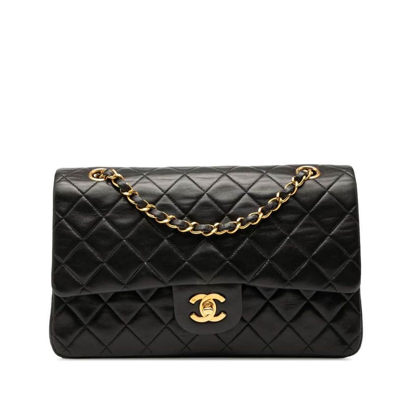 Chanel Medium Classic Lambskin Double Flap Black Leather Good condition - Front View