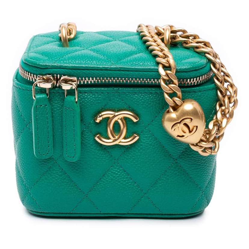 Chanel Mini Quilted Caviar CC Sweetheart Vanity Case with Chain Green Leather Good condition - Front View