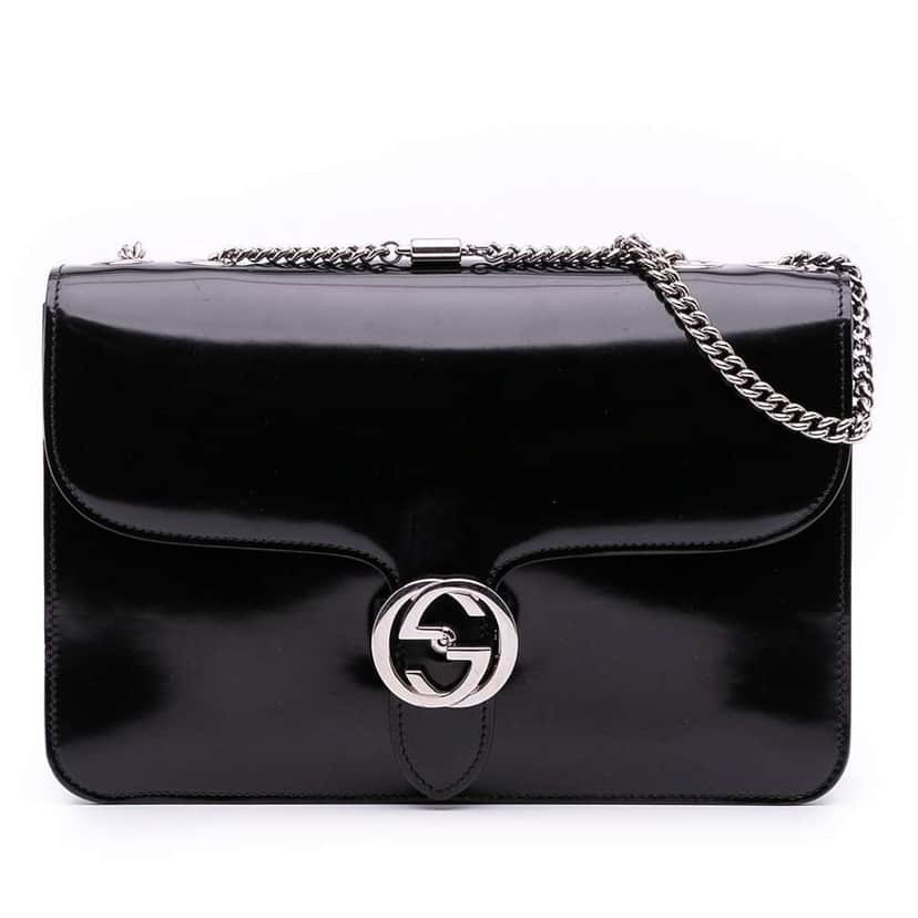 Gucci Medium Patent Dollar Interlocking G Crossbody Black Leather Good condition - Front View
