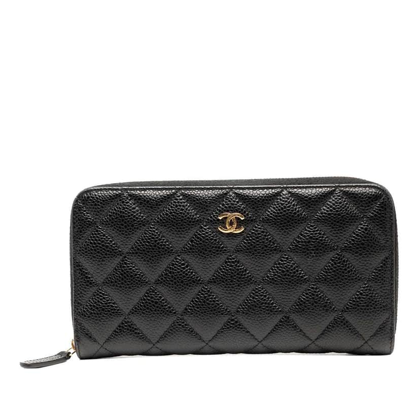 Chanel CC Quilted Caviar Zip Around Long Wallet Black Leather Good condition - Front View