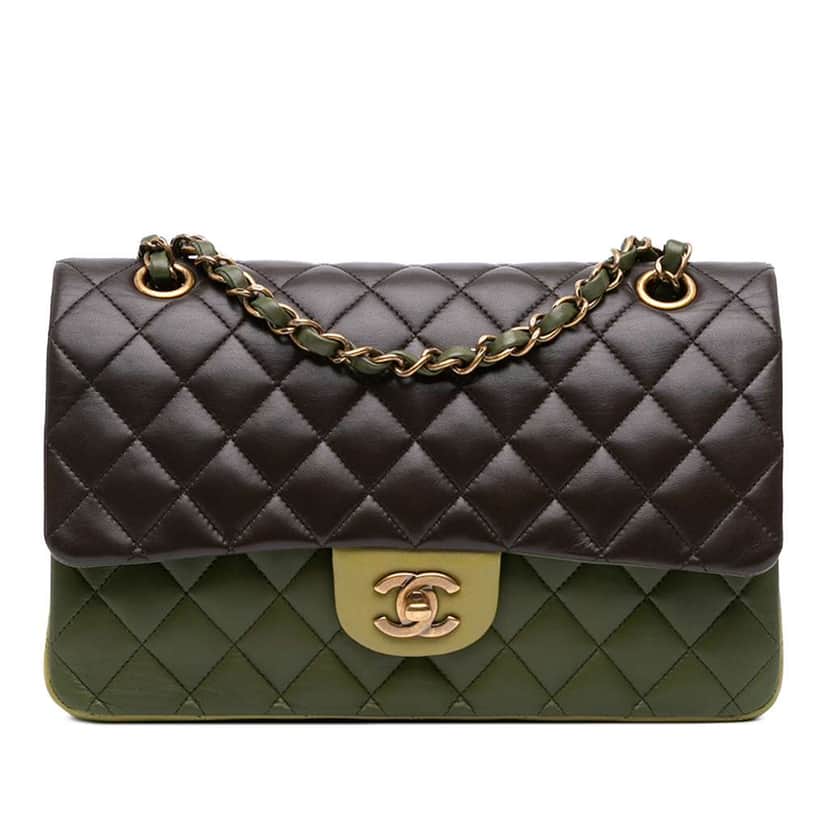 Chanel Medium Classic Tricolor Lambskin Double Flap Green Leather Good condition - Front View