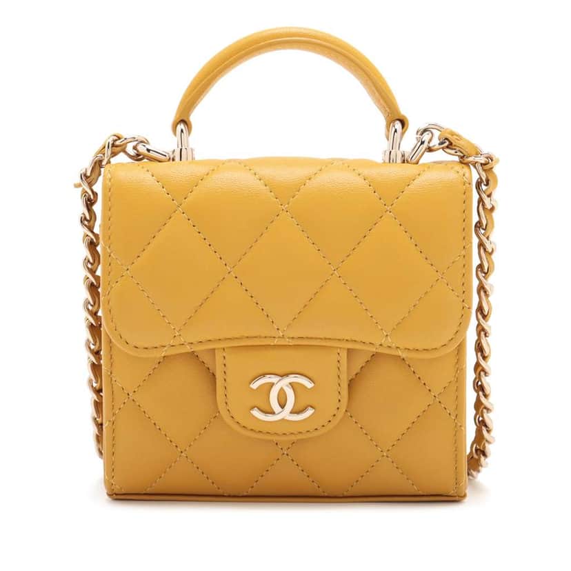Chanel Mini CC Quilted Lambskin Top Handle Clutch with Chain Yellow Leather Good condition - Front View
