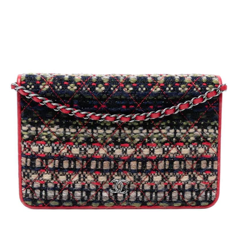 Chanel CC Quilted Tweed Wallet On Chain Red Tweed Very good condition - Front View