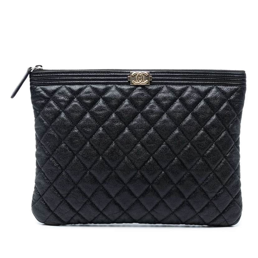 Chanel Medium Quilted Caviar Boy O Case Clutch Black Leather Good condition - Front View