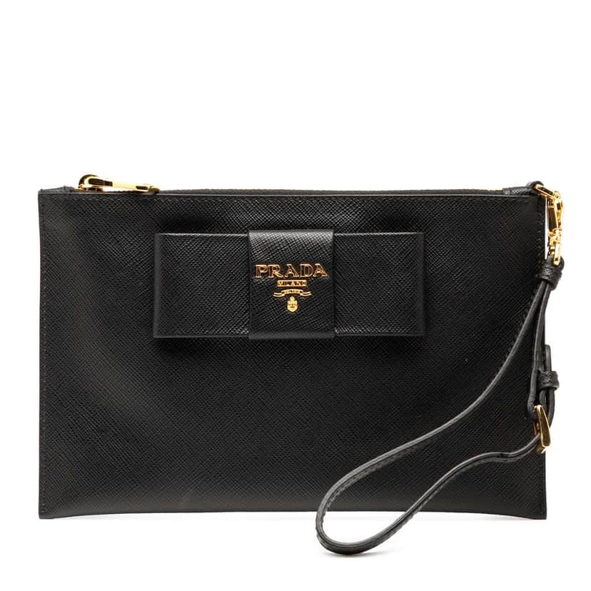 Prada Saffiano Bow Clutch Black Leather Good condition - Front View
