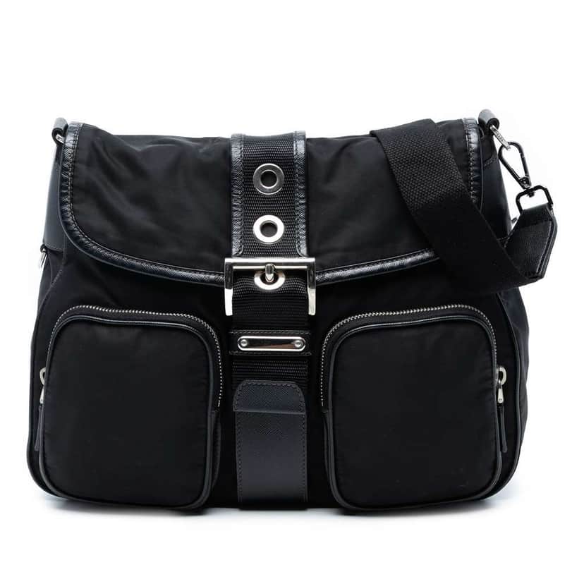 Prada Saffiano Trimmed Tessuto Buckle Messenger Bag Black Good condition - Front View