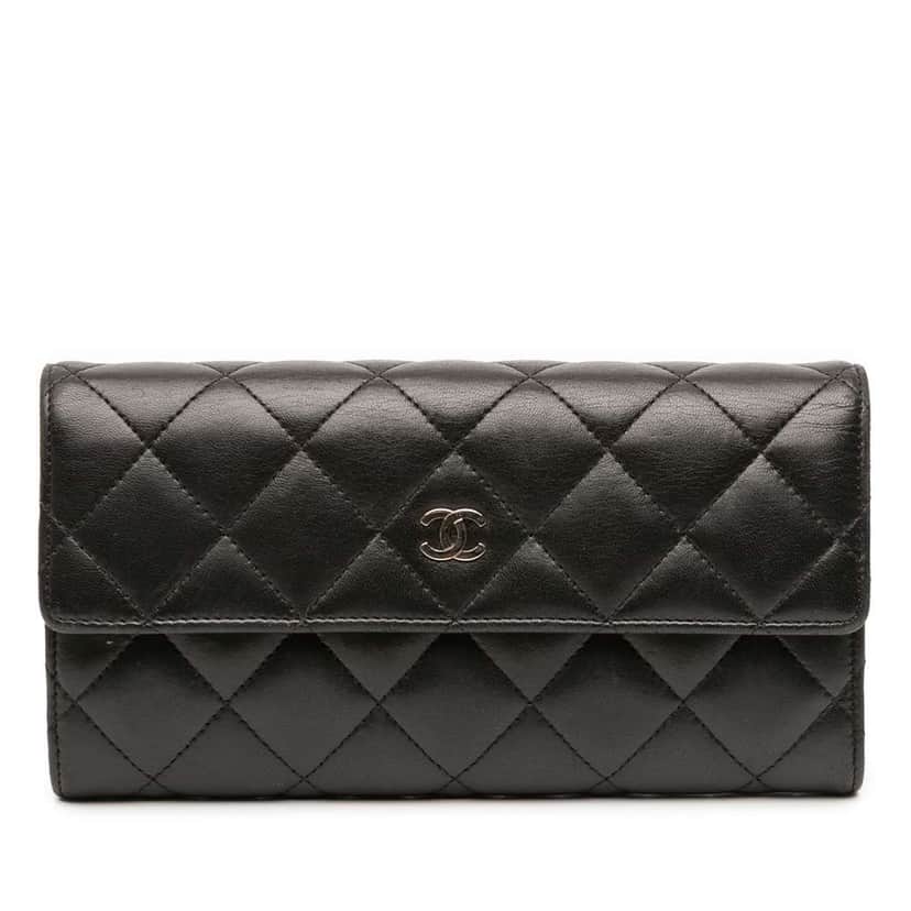 Chanel CC Quilted Lambskin Long Wallet Black Leather Good condition - Front View