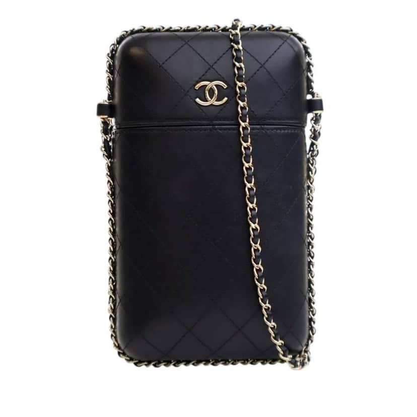 Chanel CC Quilted Lambskin Chain Around Phone Holder Black Leather Good condition - Front View