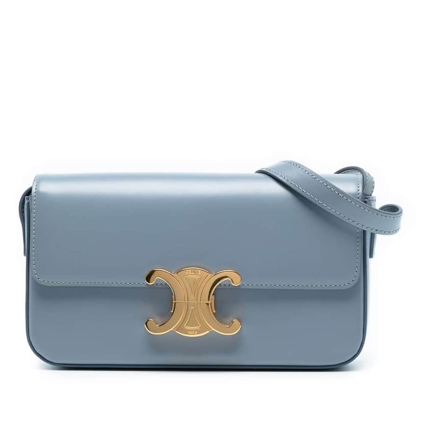 Celine Shiny Calfskin Triomphe Claude Shoulder Bag Blue Leather Good condition - Front View