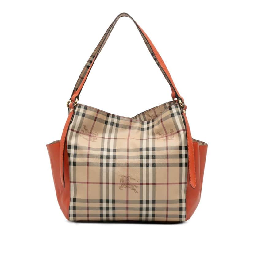 Burberry Small Leather Trimmed Haymarket Check Coated Canvas Canterbury Tote Brown Canvas Good condition - Front View
