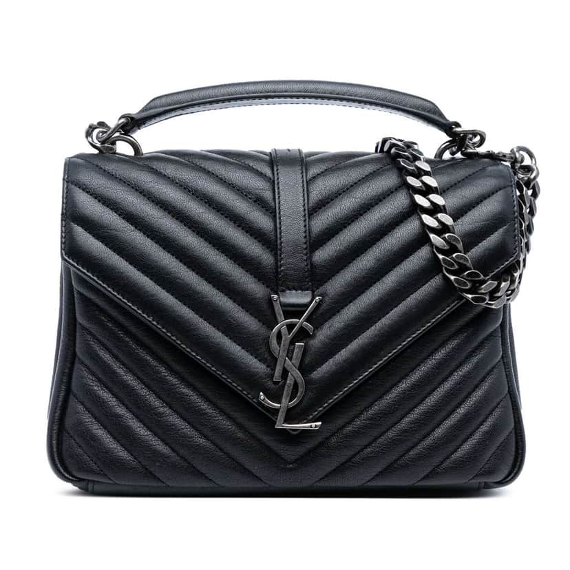 Saint Laurent Medium Quilted Chevron Sheepskin College Satchel Black Leather Good condition - Front View