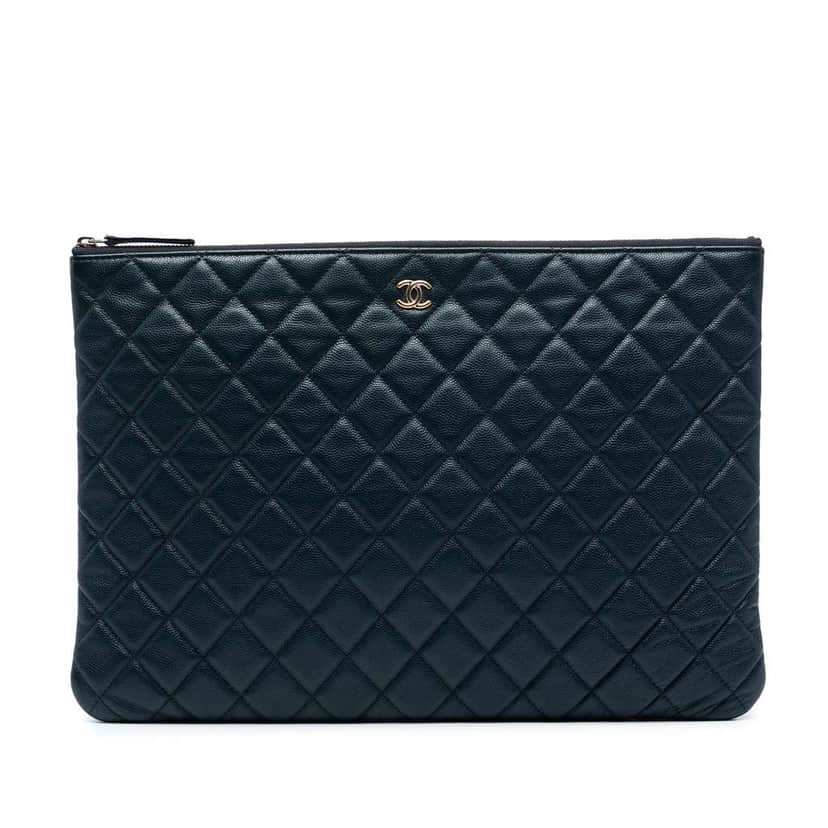 Chanel Large Quilted Caviar O Case Clutch Blue Leather Good condition - Front View