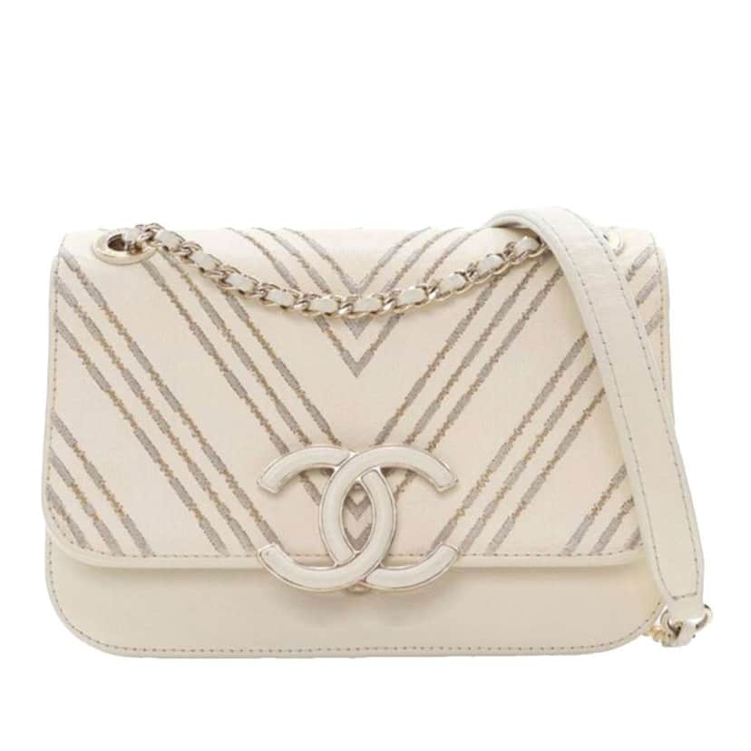Chanel Small CC Chevron Sheepskin Subtle Flap White Leather Good condition - Front View