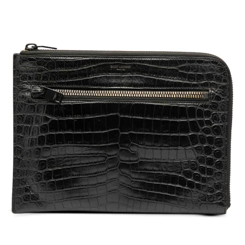 Saint Laurent Croc Embossed Leather Clutch Black Leather Very good condition - Front View