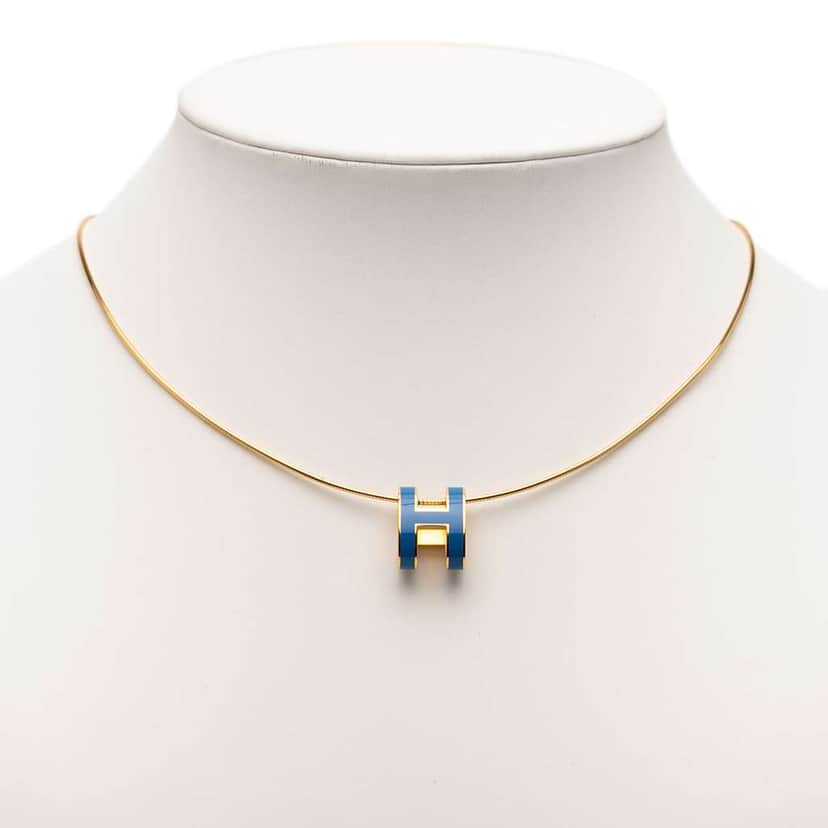 Hermès Gold Plated Enamel Pop H Pendant Necklace Blue Good condition - Front View