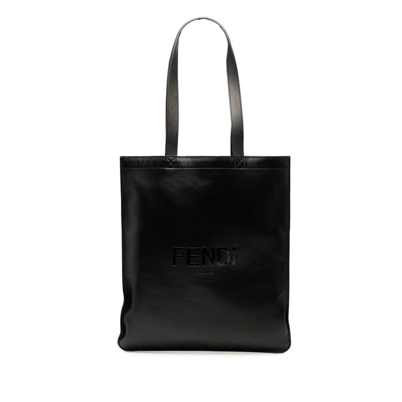 Fendi Embossed Leather Logo Shopper Tote Black Leather Good condition - Front View