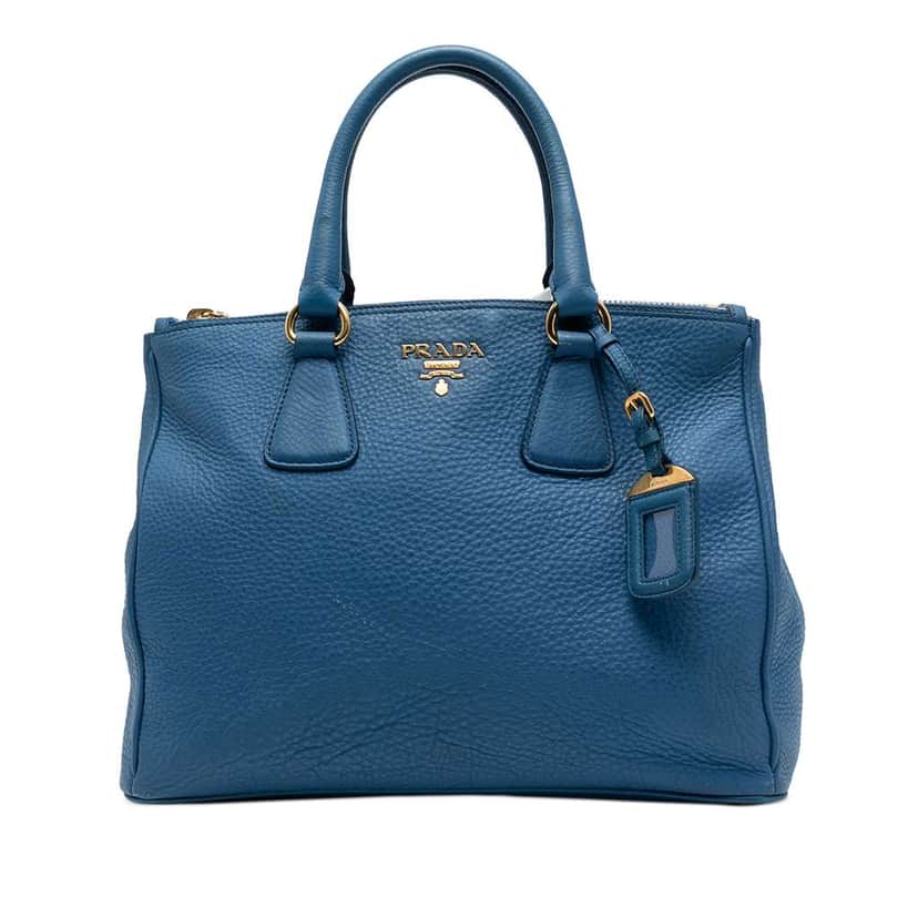 Prada Vitello Daino Double Zip Convertible Tote Blue Leather Good condition - Front View
