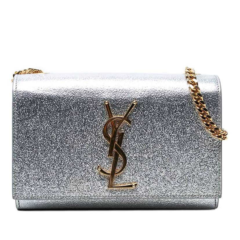 Saint Laurent Small Metallic Calfskin Classic Monogram Kate Crossbody Silver Leather Good condition - Front View