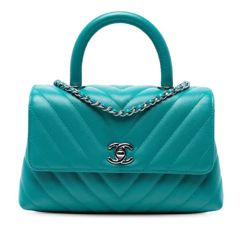Chanel Mini Chevron Caviar Coco Top Handle Bag Blue Leather Good condition - Front View