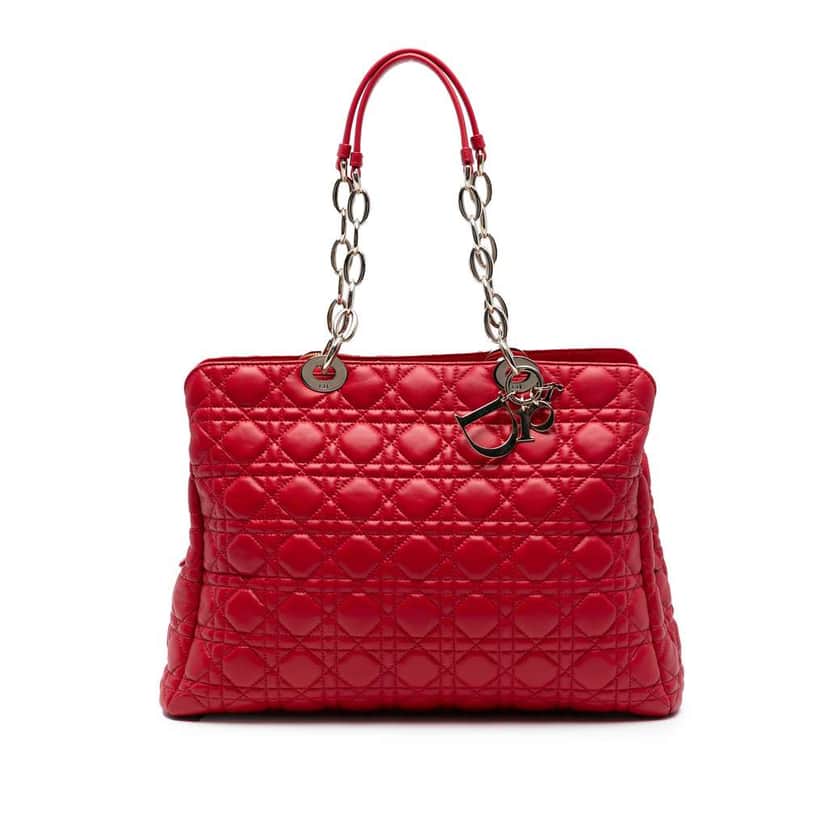 Dior Large Lambskin Cannage Soft Zipped Lady Dior Shopping Tote Red Leather Good condition - Front View