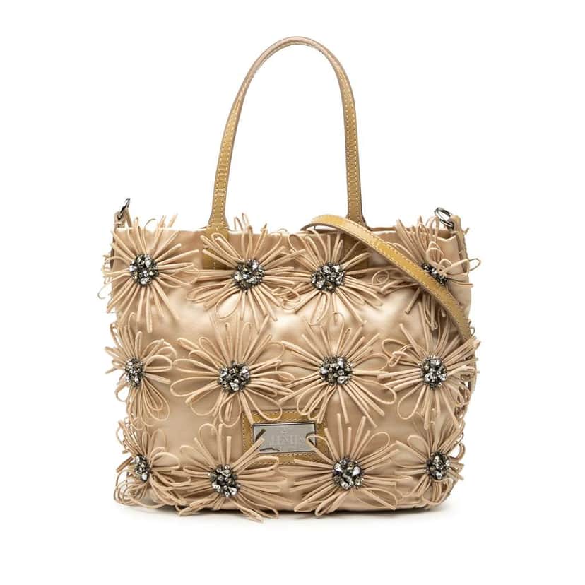 Valentino Floral Embellished Satin Satchel Brown Satin Good condition - Front View