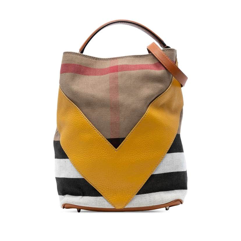 Burberry Medium Mega Check Canvas and Calfskin Chevron Ashby Bucket Brown Canvas Good condition - Front View