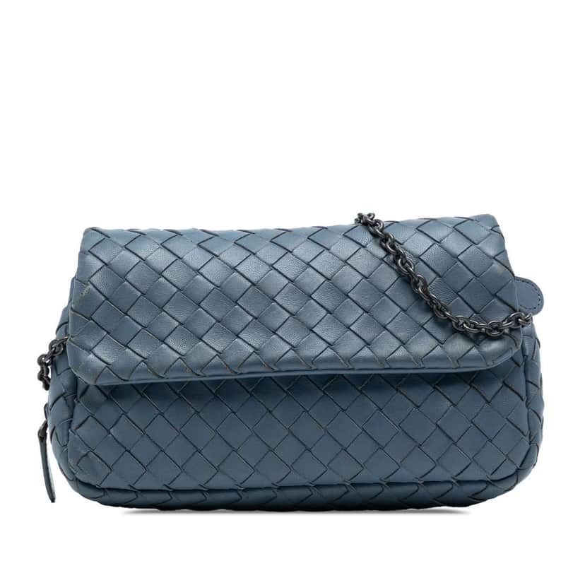 Bottega Veneta Mini Nappa Intrecciato Expandable Chain Crossbody Blue Leather Good condition - Front View