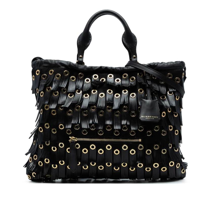 Burberry Calf Hair and Leather Grommet Fringe Big Crush Tote Black Good condition - Front View