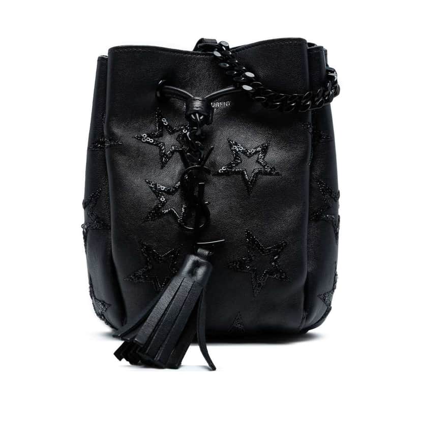 Saint Laurent Mini Leather Embroidered Star Tassel Bucket Bag Black Leather Good condition - Front View