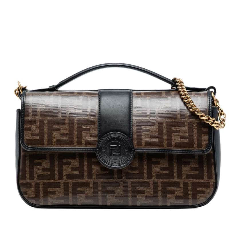 Fendi Zucca Crystal Double F Baguette Satchel Brown Canvas Good condition - Front View