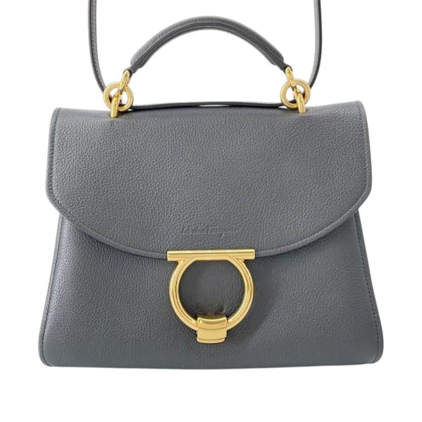 Salvatore Ferragamo Calfskin Gancini Margot Top Handle Bag Grey Leather Good condition - Front View
