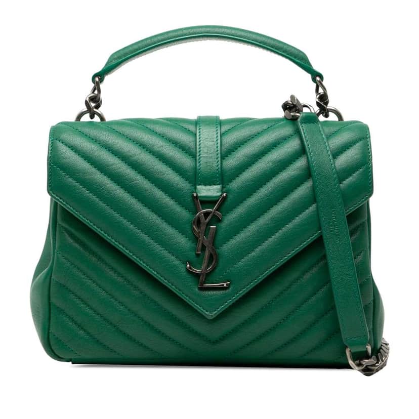 Saint Laurent Medium Quilted Chevron Sheepskin College Satchel Green Leather Good condition - Front View