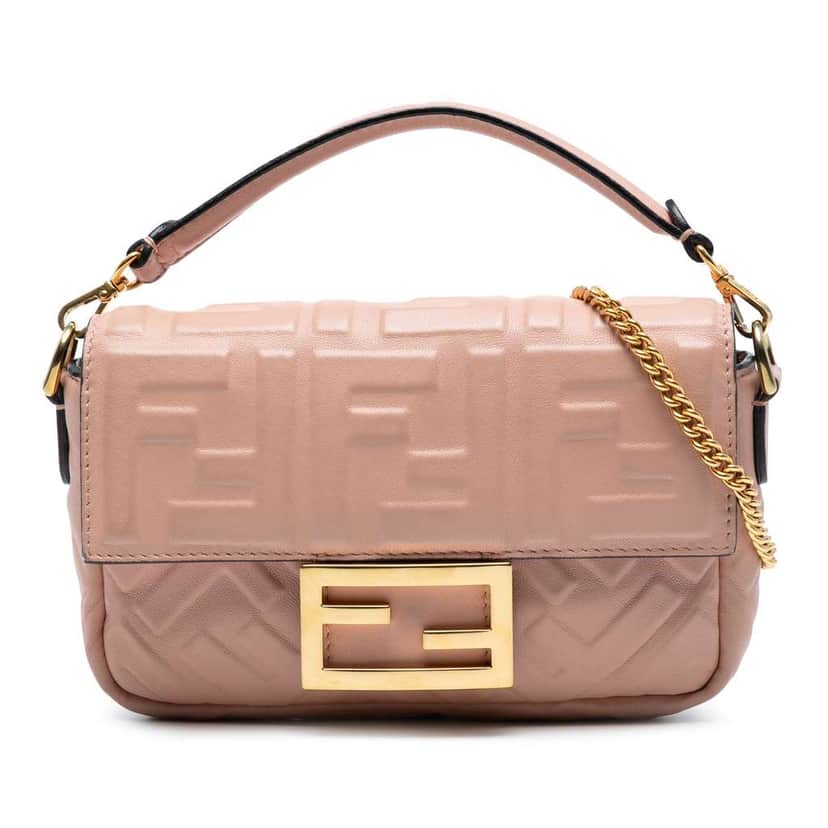 Fendi Mini Zucca Embossed Leather Baguette Satchel Pink Leather Good condition - Front View