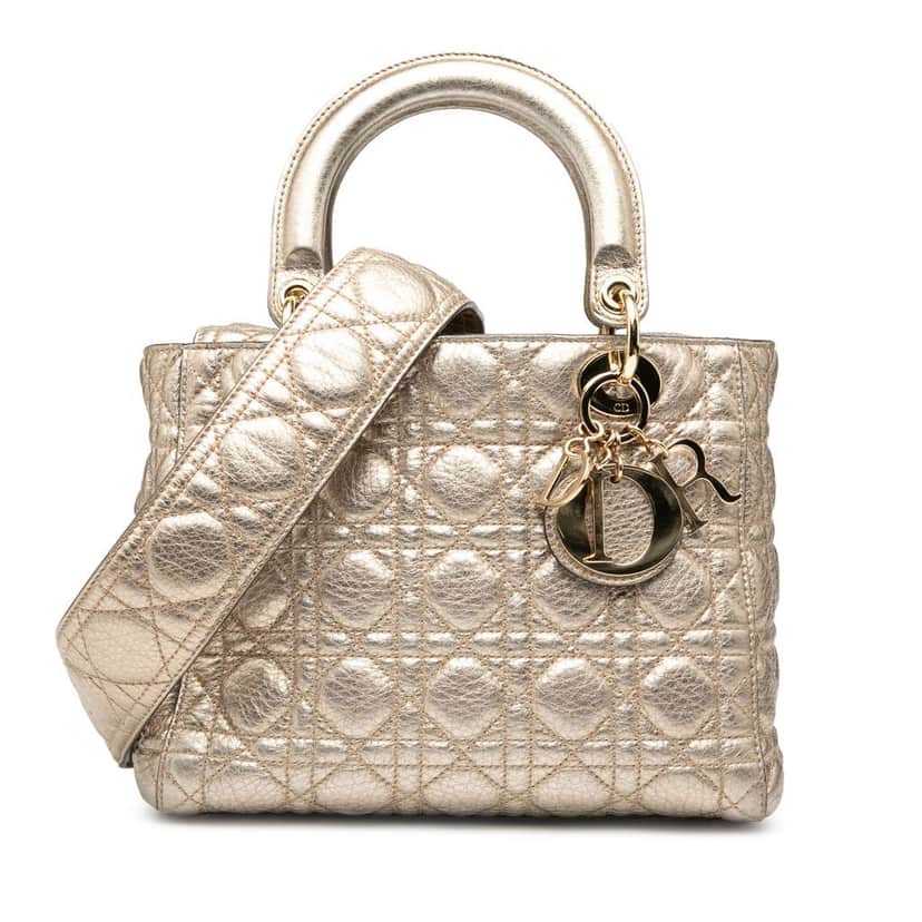 Dior Medium Metallic Grained Calfskin Cannage Supple Lady Dior Gold Leather Good condition - Front View