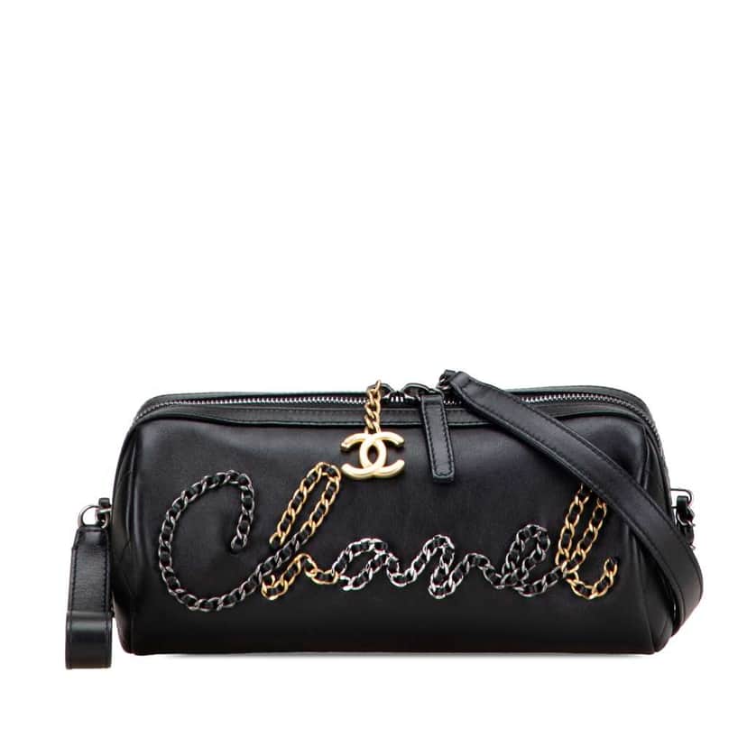 Chanel Calfskin Signature Chain Signe Bowling Bag Black Leather Good condition - Front View