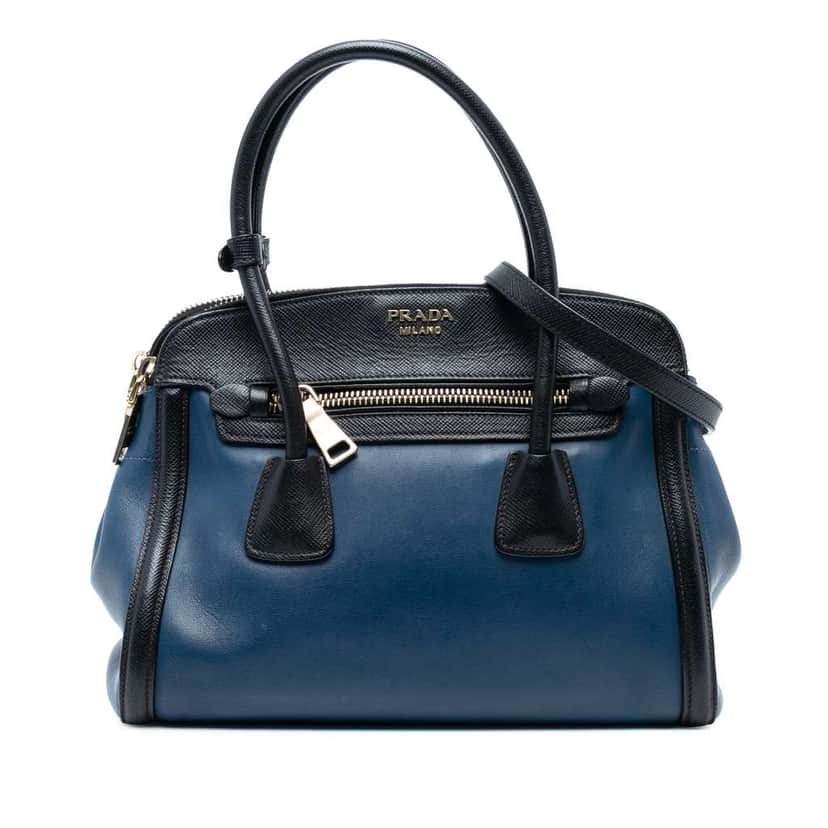 Prada Bicolor Saffiano Trimmed City Calf Double Zip Satchel Blue Leather Very good condition - Front View