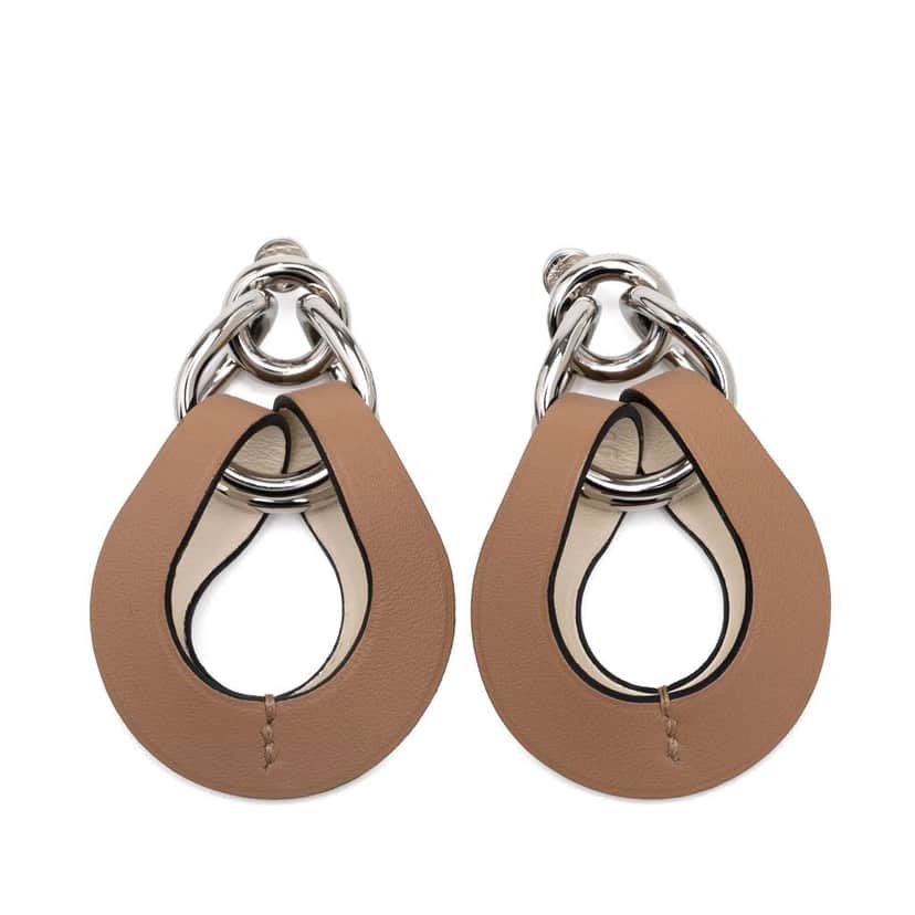 Hermès Palladium Plated and Swift Virevolte Push Back Earrings GM Brown Leather Good condition - Front View