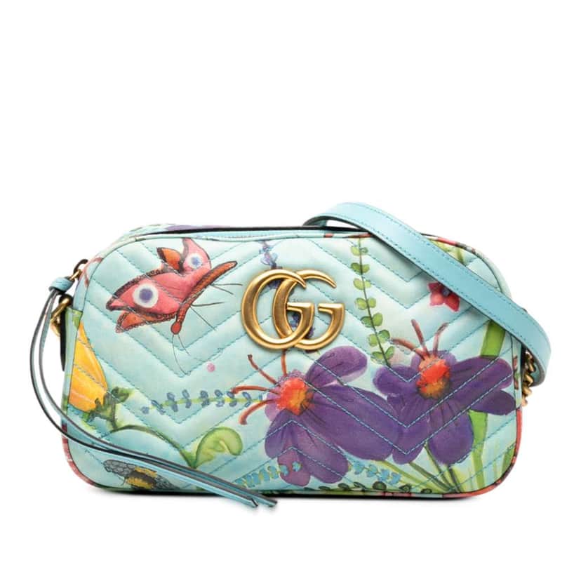 Gucci Unskilled Worker Small GG Marmont Matelasse Calfskin Flora Painted Crossbody Blue Leather Good condition - Front View