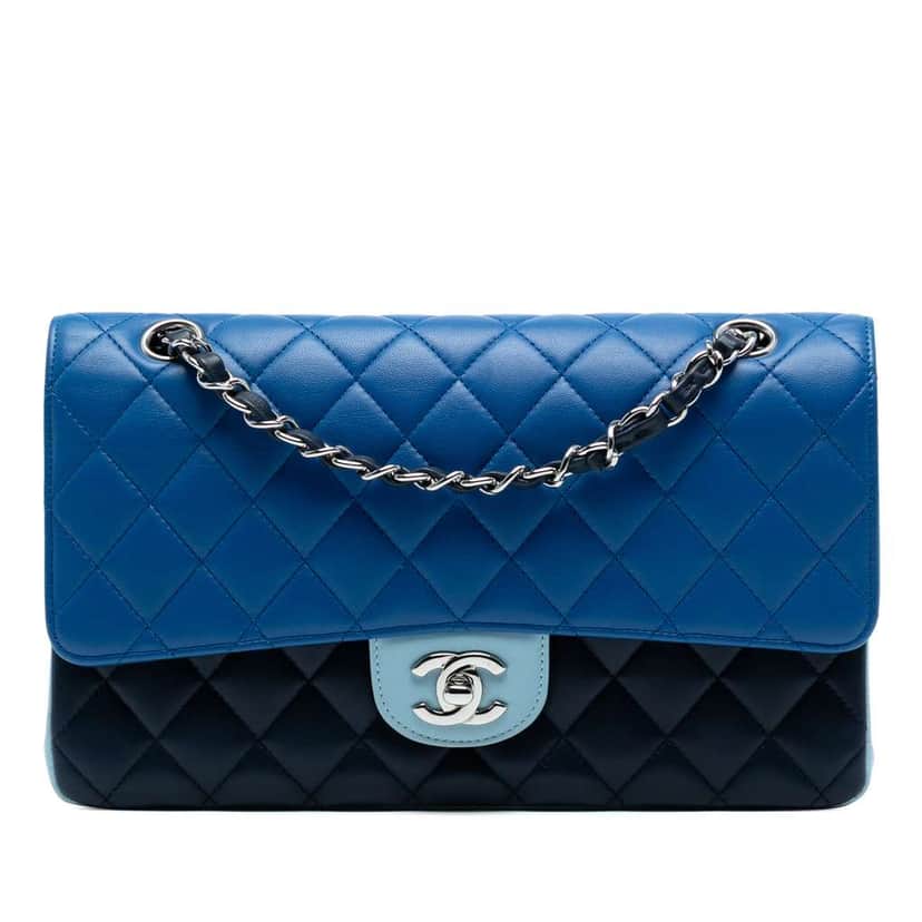 Chanel Medium Classic Tricolor Lambskin Double Flap Blue Leather Good condition - Front View