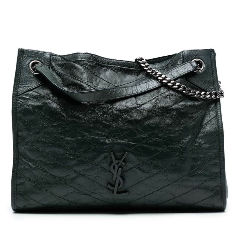 Saint Laurent Medium Crinkled Calfskin Monogram Niki Shopper Tote Green Leather Good condition - Front View