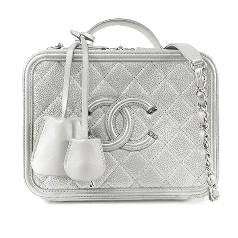 Chanel Medium Caviar CC Filigree Vanity Case Silver Leather Good condition - Front View