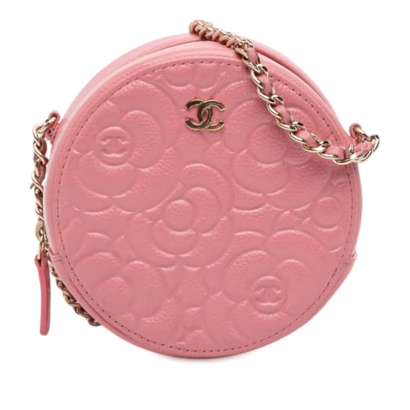 Chanel CC Embossed Caviar Camellia Round Clutch With Chain Pink Leather Very good condition - Front View