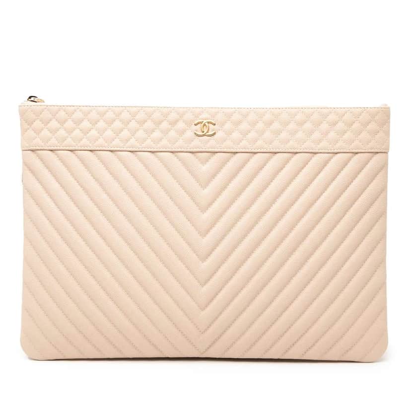 Chanel Large Quilted Caviar Chevron O Case Zip Pouch Brown Leather Good condition - Front View
