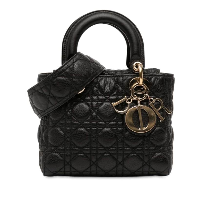 Dior Small Grained Calfskin Cannage Supple Lady Dior Black Leather Good condition - Front View